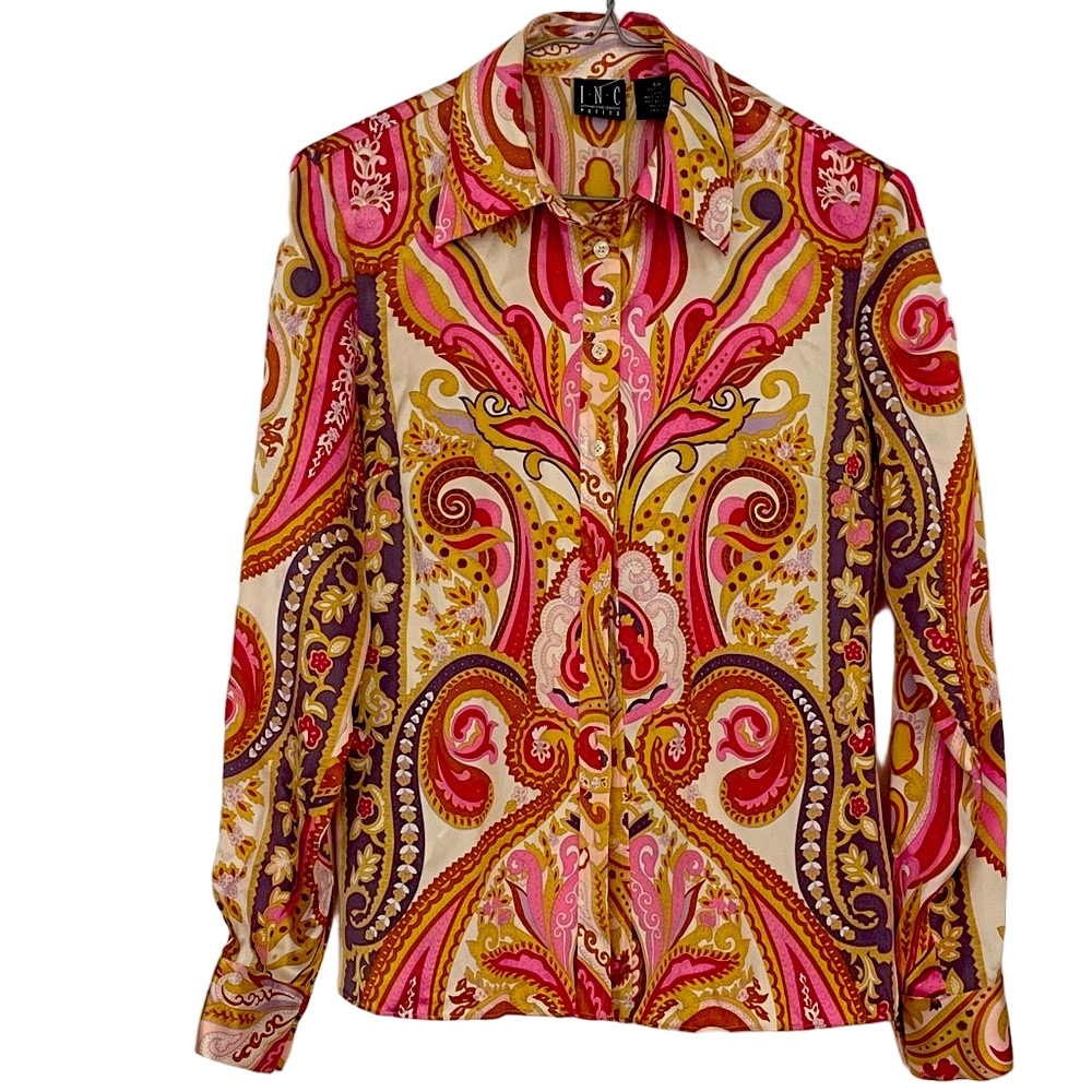 INC silk International Concepts Pink and Gold Paisley Blouse 6 p